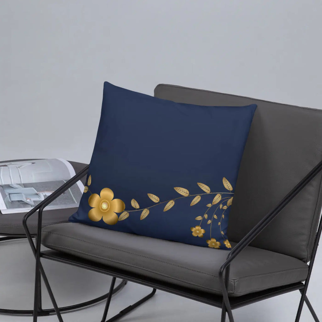 Navy Blue Basic Pillow - Golden Flower Design - DipaliZ