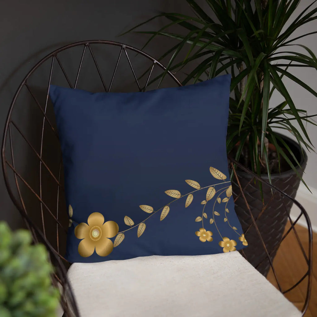 Navy Blue Basic Pillow - Golden Flower Design - DipaliZ