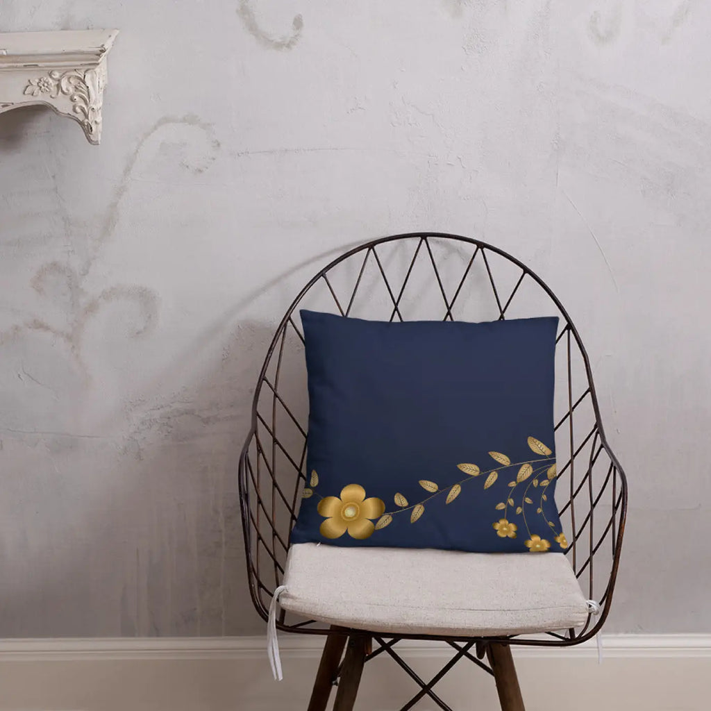 Navy Blue Basic Pillow - Golden Flower Design - DipaliZ