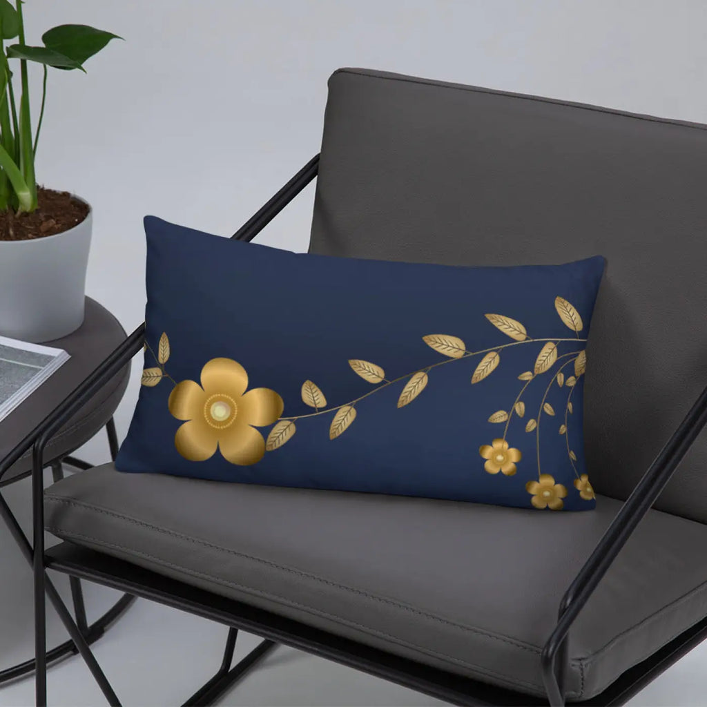 Navy Blue Basic Pillow - Golden Flower Design - DipaliZ