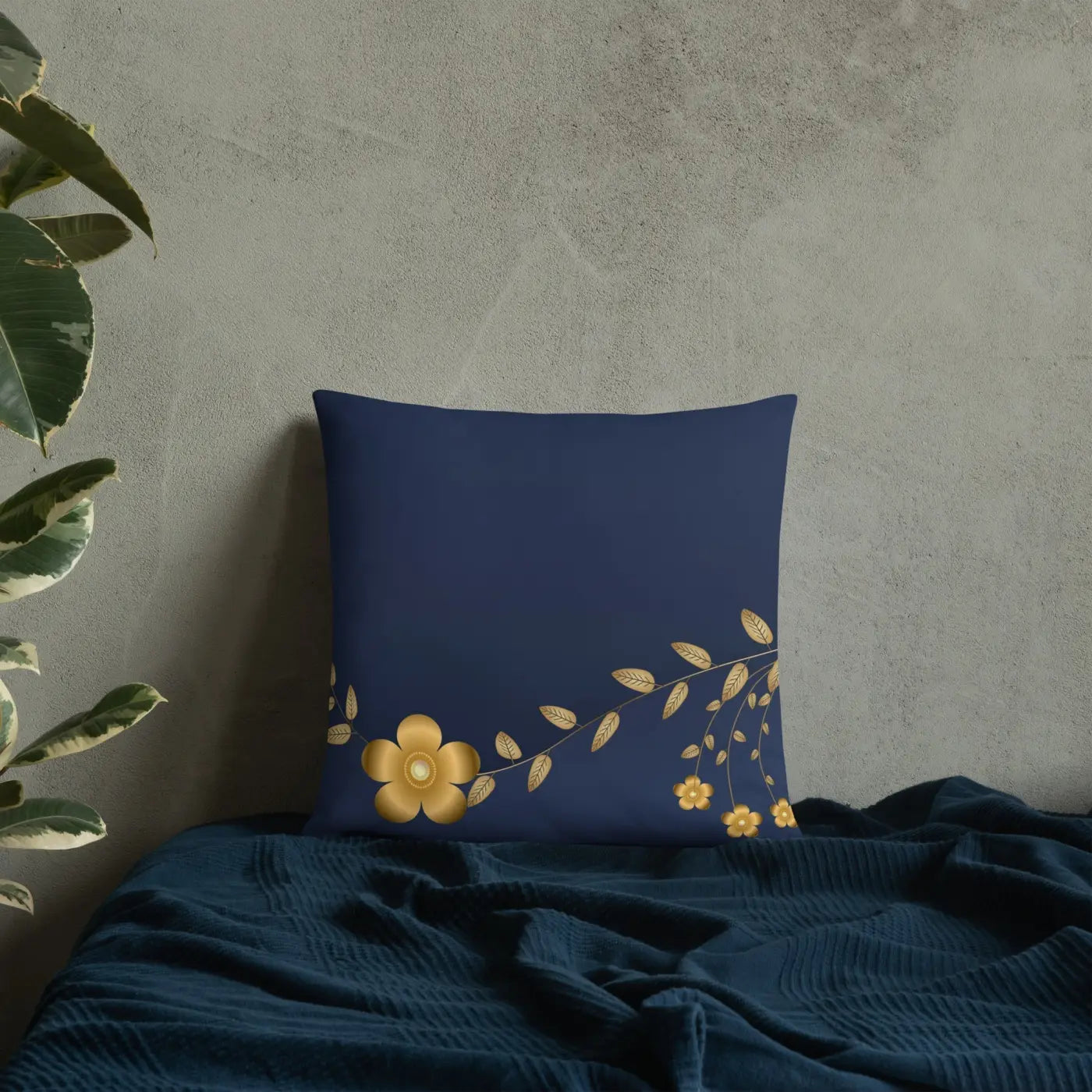 Navy Blue Basic Pillow - Golden Flower Design - DipaliZ
