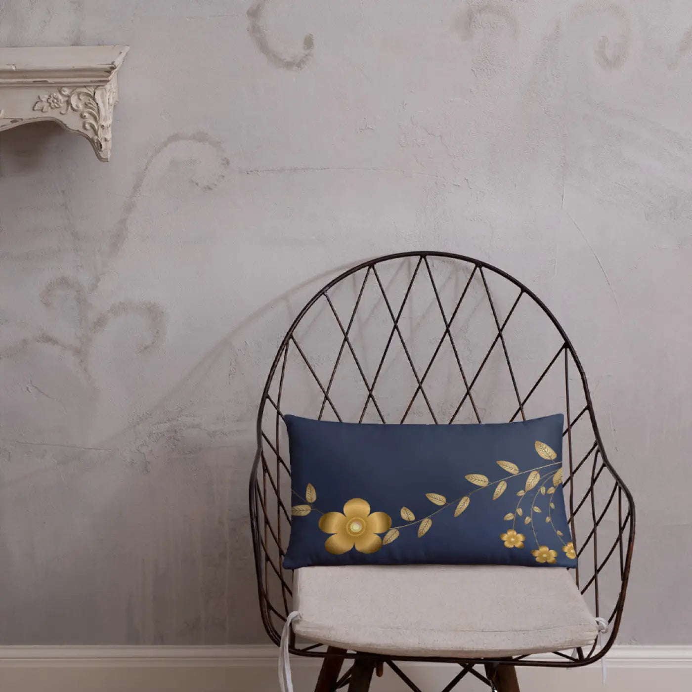 Navy Blue Basic Pillow - Golden Flower Design - DipaliZ