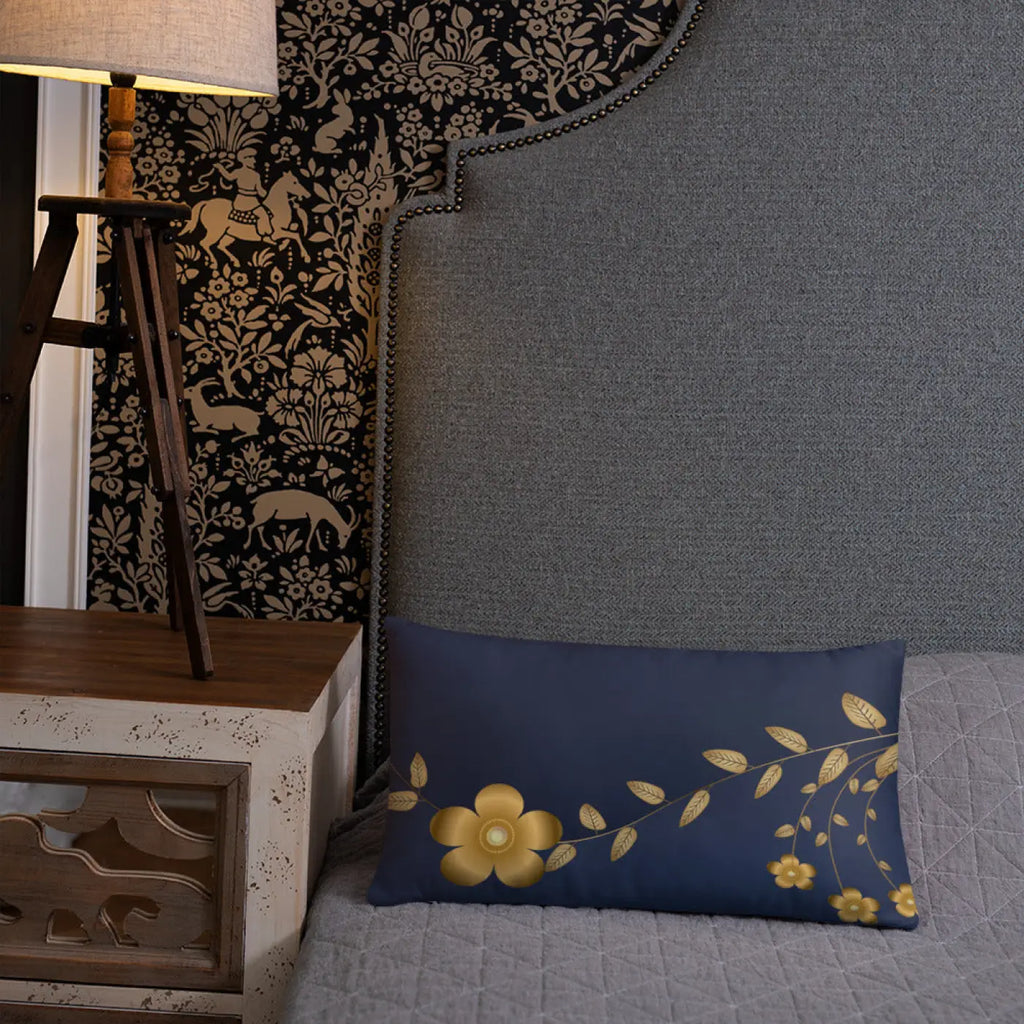 Navy Blue Basic Pillow - Golden Flower Design - DipaliZ