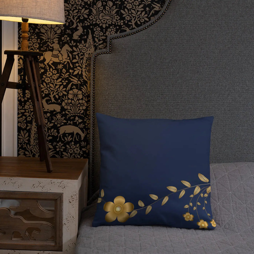 Navy Blue Basic Pillow - Golden Flower Design - DipaliZ