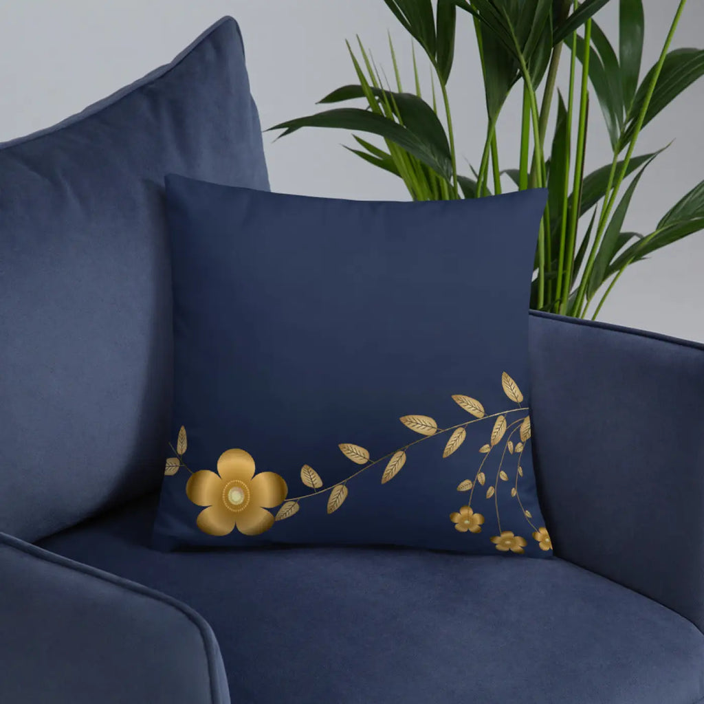 Navy Blue Basic Pillow - Golden Flower Design - DipaliZ