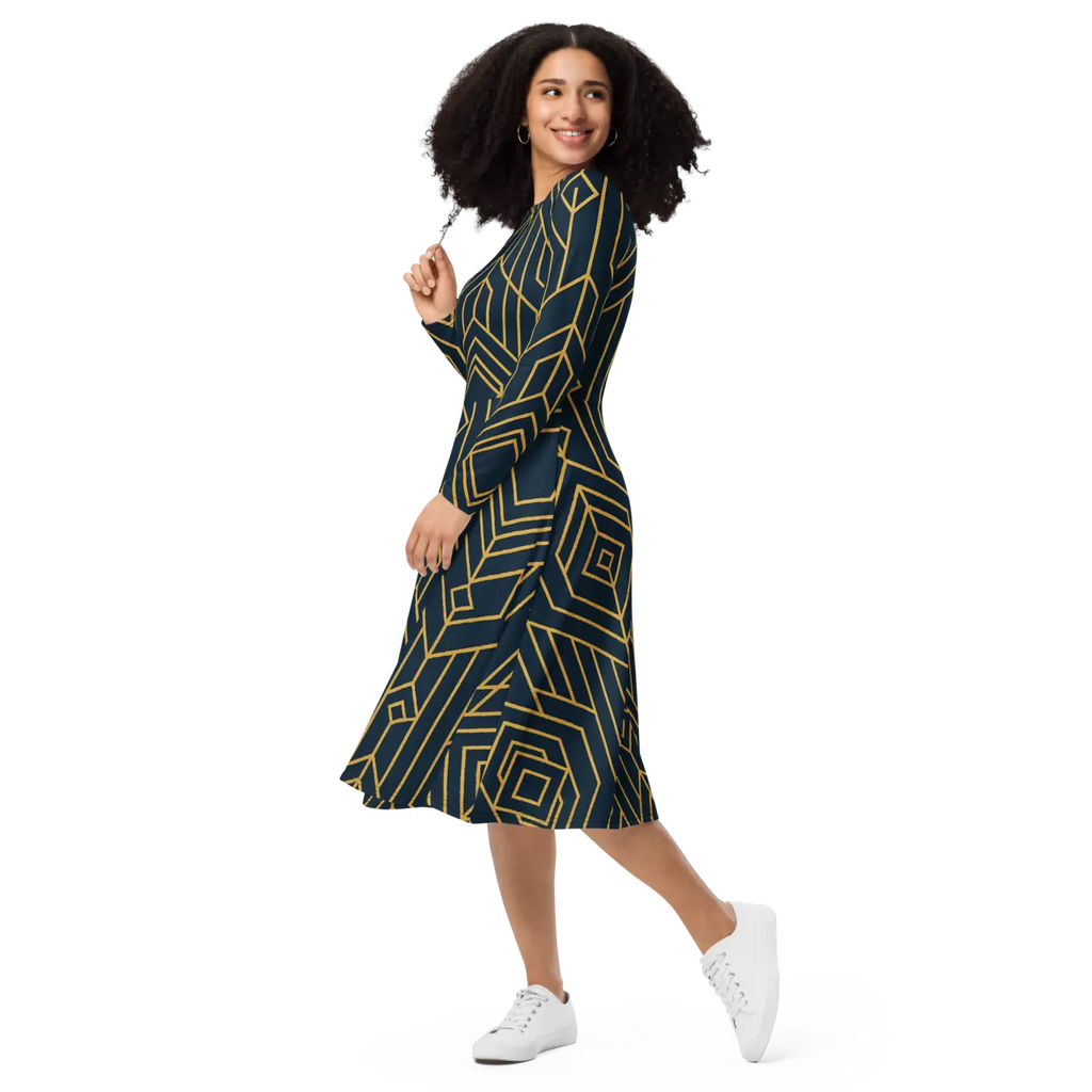 Golden Geometric Sleeve Midi Dress - Statement Style - DipaliZ