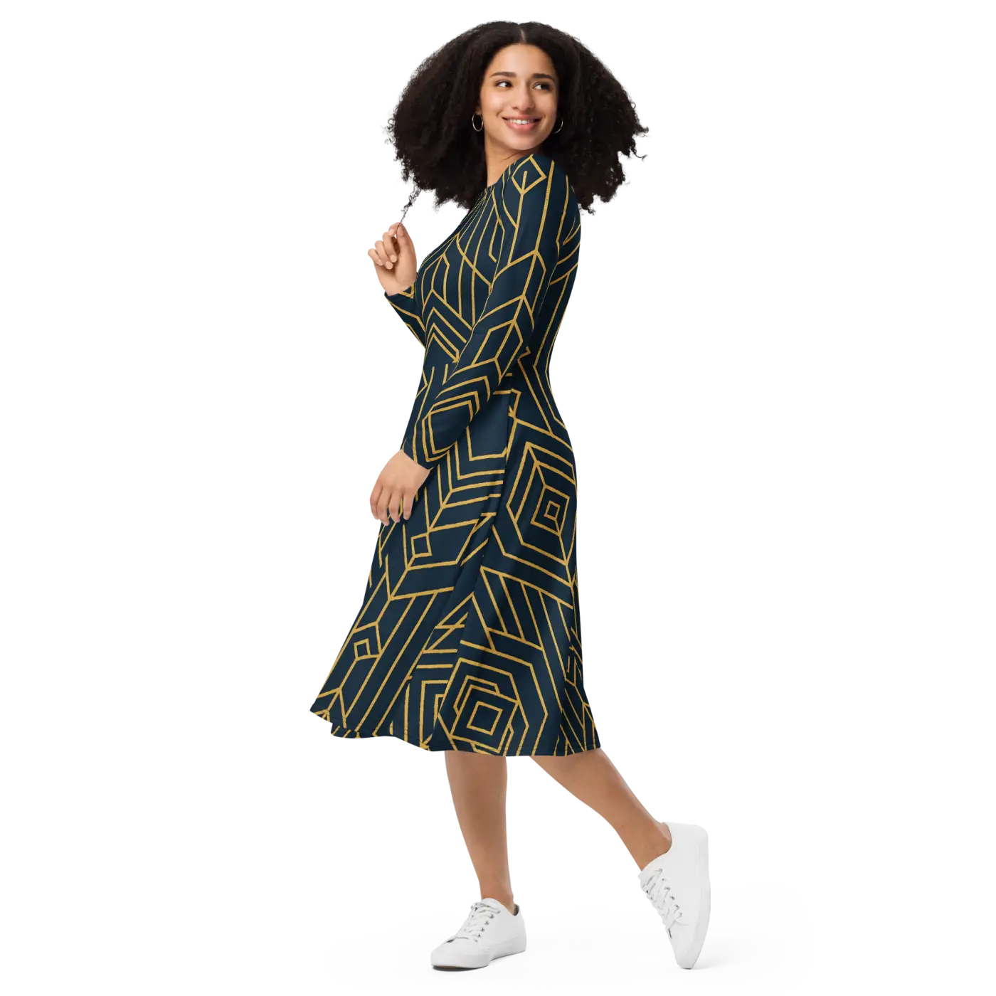 Golden Geometric Sleeve Midi Dress - Statement Style - DipaliZ