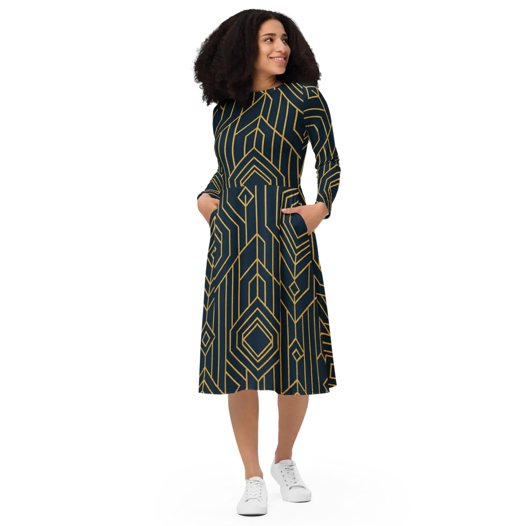 Golden Geometric Sleeve Midi Dress - Statement Style - DipaliZ