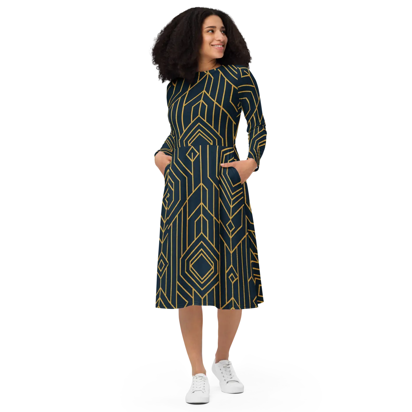 Golden Geometric Sleeve Midi Dress - Statement Style - DipaliZ