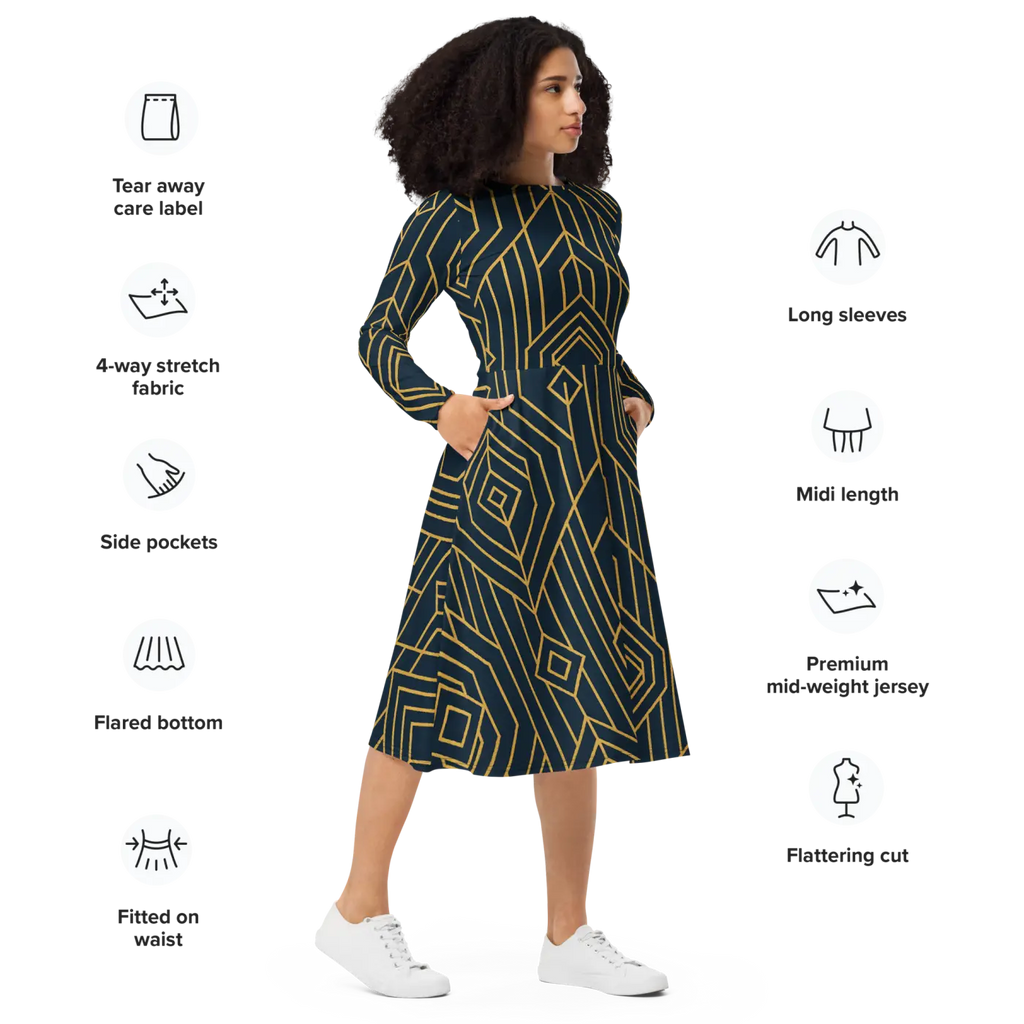 Golden Geometric Sleeve Midi Dress - Statement Style - DipaliZ