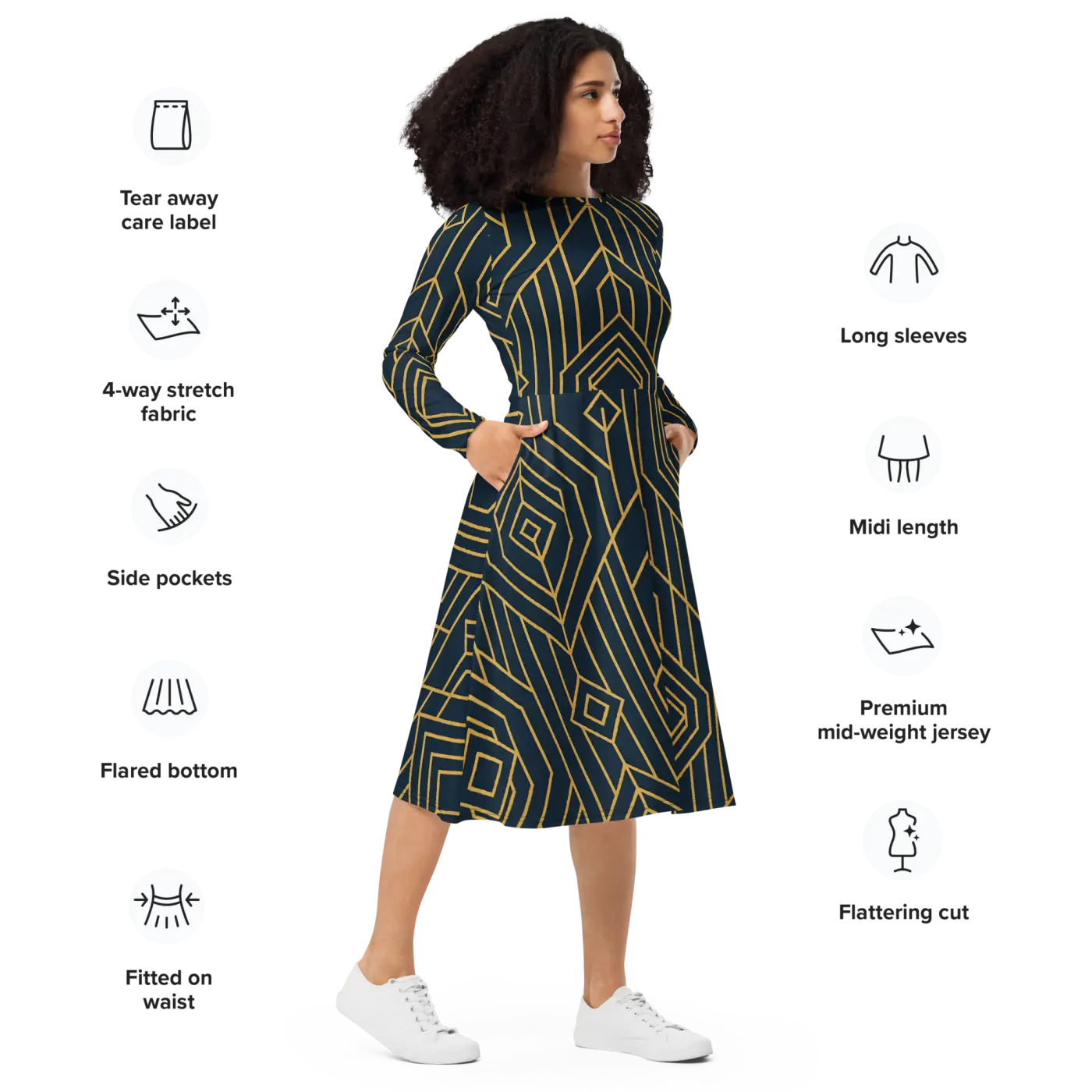 Golden Geometric Sleeve Midi Dress - Statement Style - DipaliZ