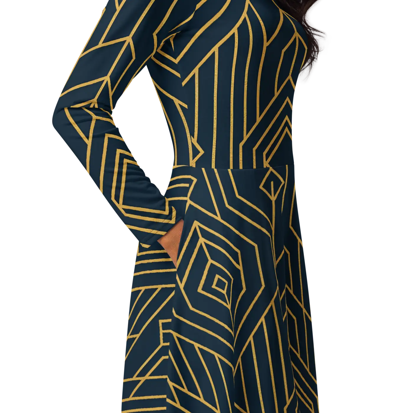 Golden Geometric Sleeve Midi Dress - Statement Style - DipaliZ