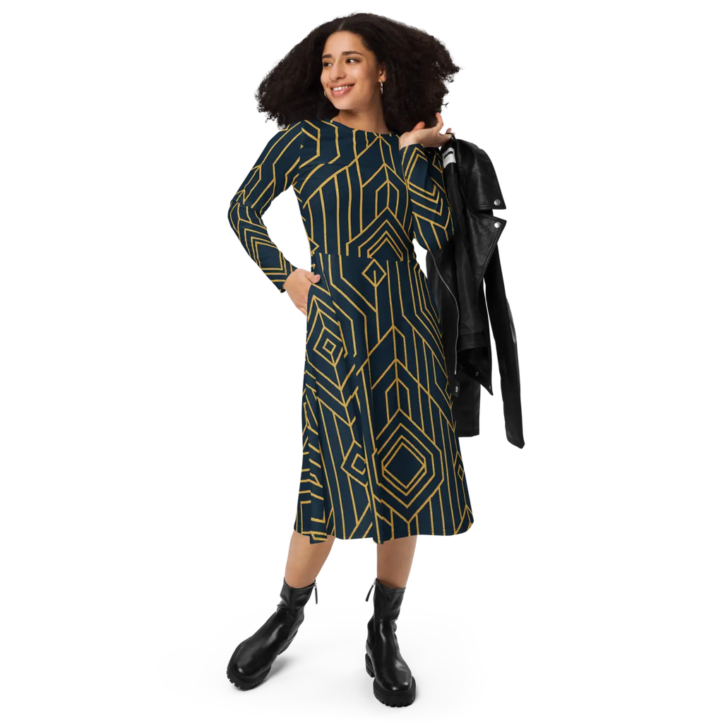 Golden Geometric Sleeve Midi Dress - Statement Style - DipaliZ