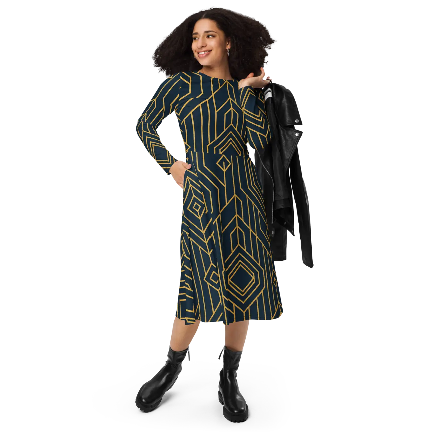 Golden Geometric Sleeve Midi Dress - Statement Style - DipaliZ