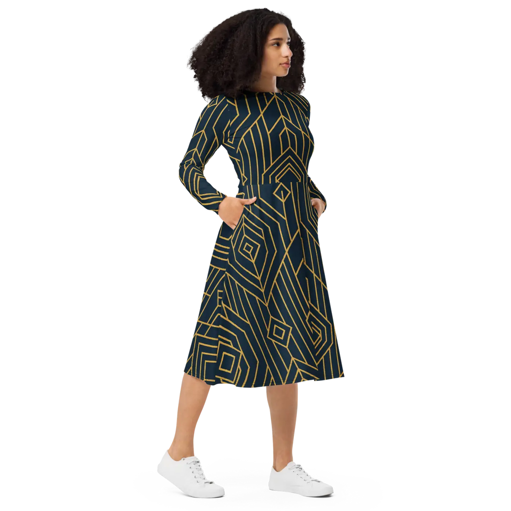 Golden Geometric Sleeve Midi Dress - Statement Style - DipaliZ
