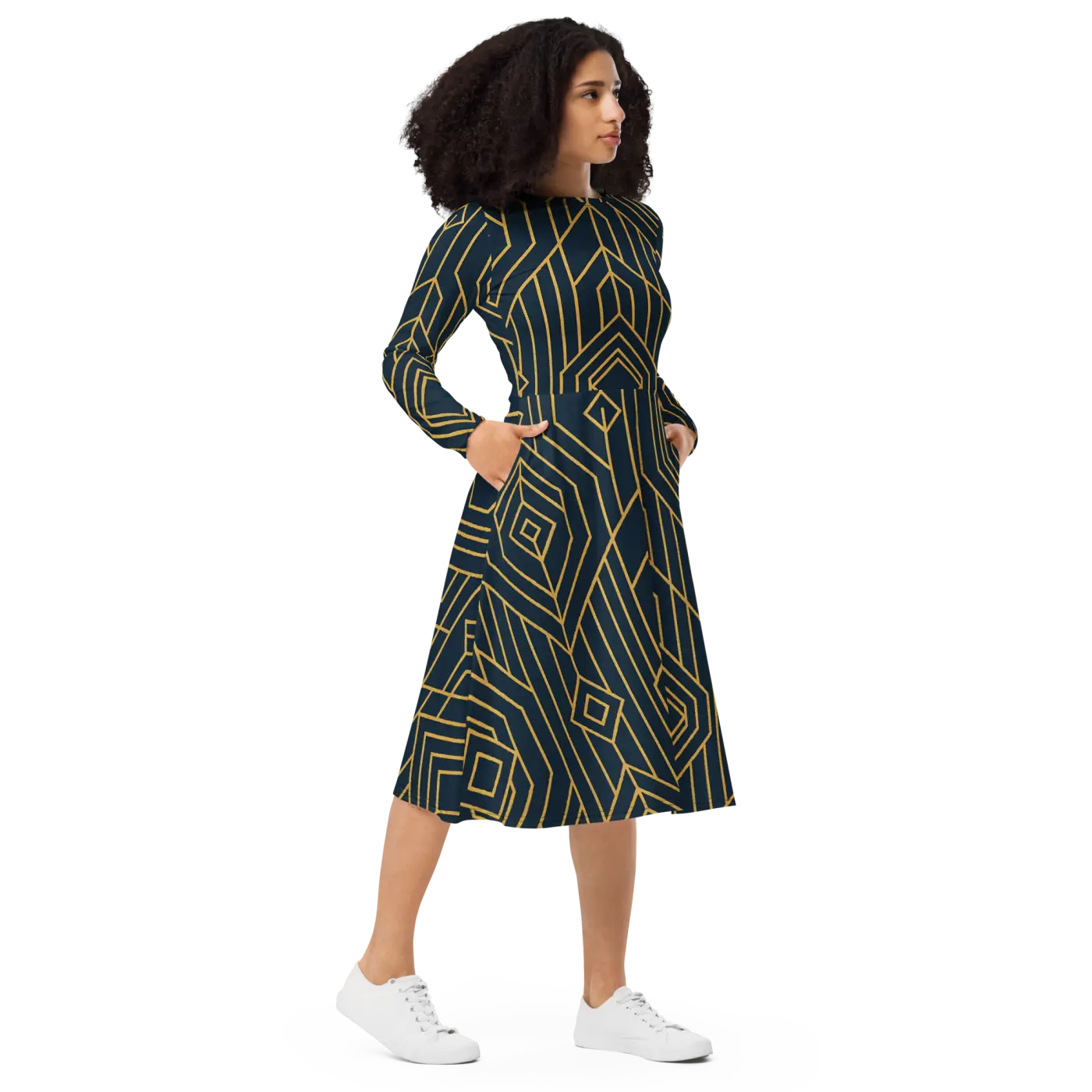 Golden Geometric Sleeve Midi Dress - Statement Style - DipaliZ