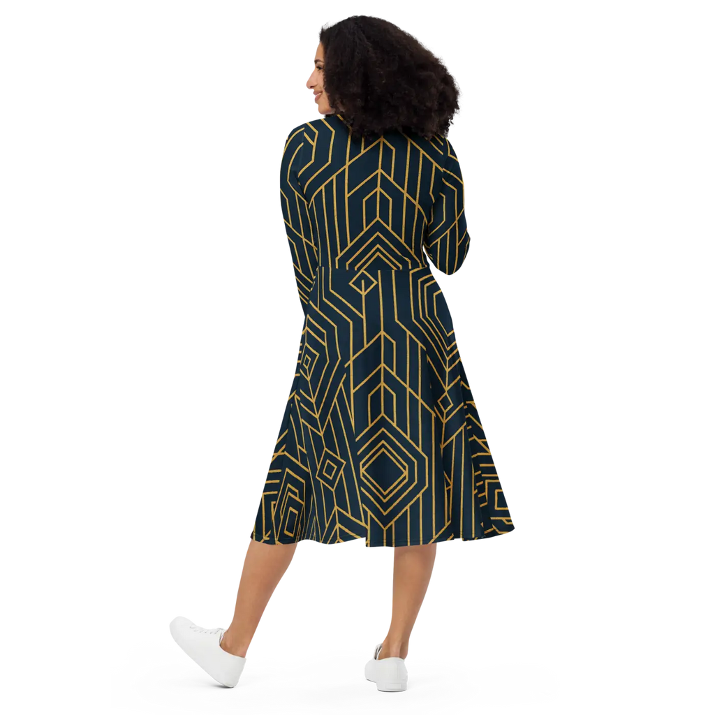 Golden Geometric Sleeve Midi Dress - Statement Style - DipaliZ