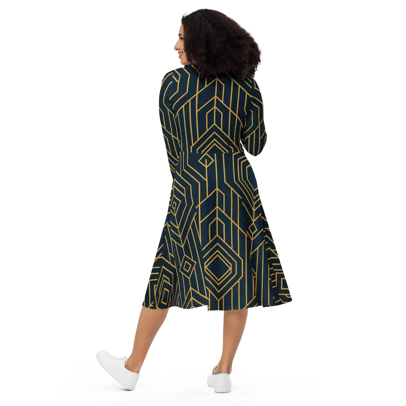 Golden Geometric Sleeve Midi Dress - Statement Style - DipaliZ