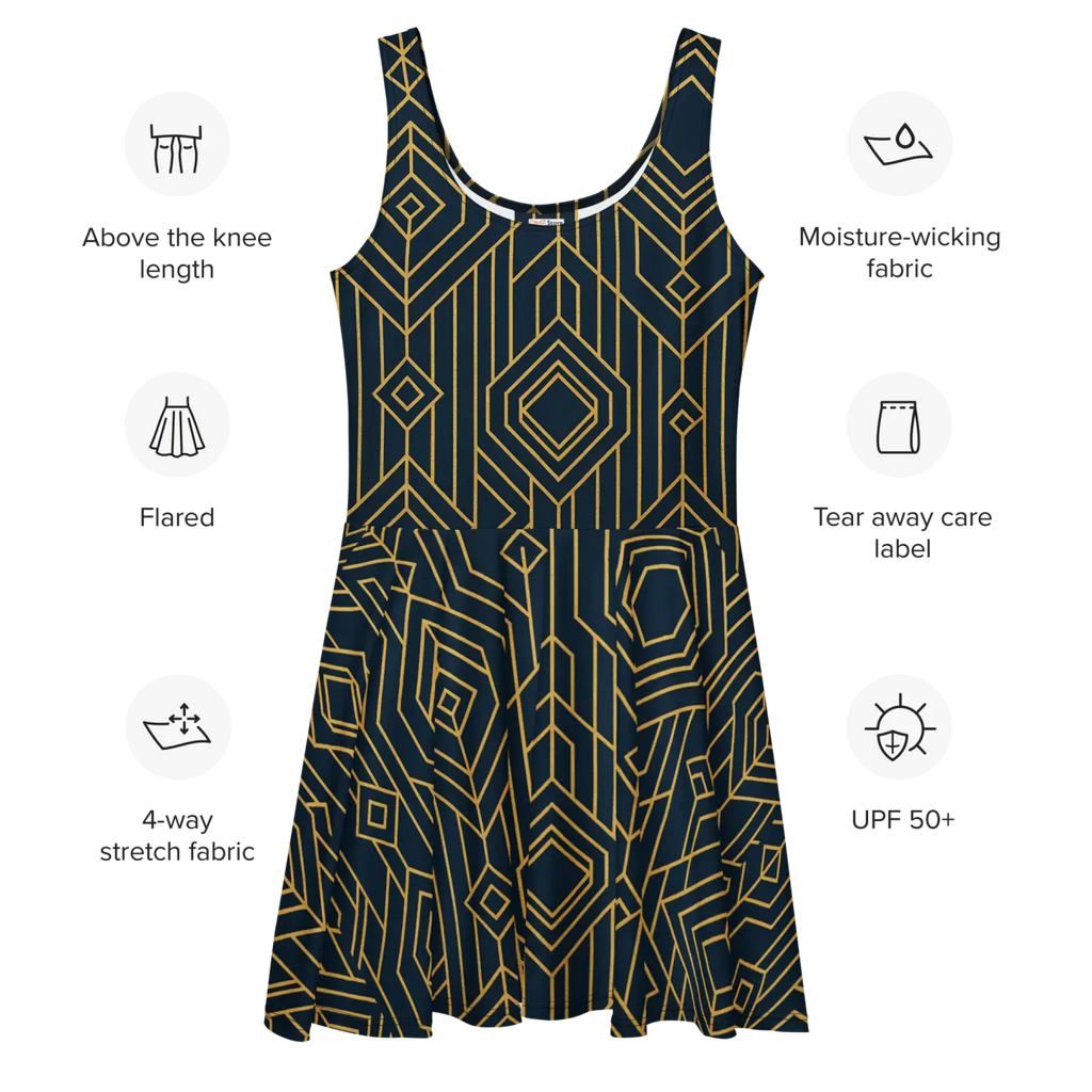 Bold Golden Skater Dress - Geometric Pattern Style - DipaliZ