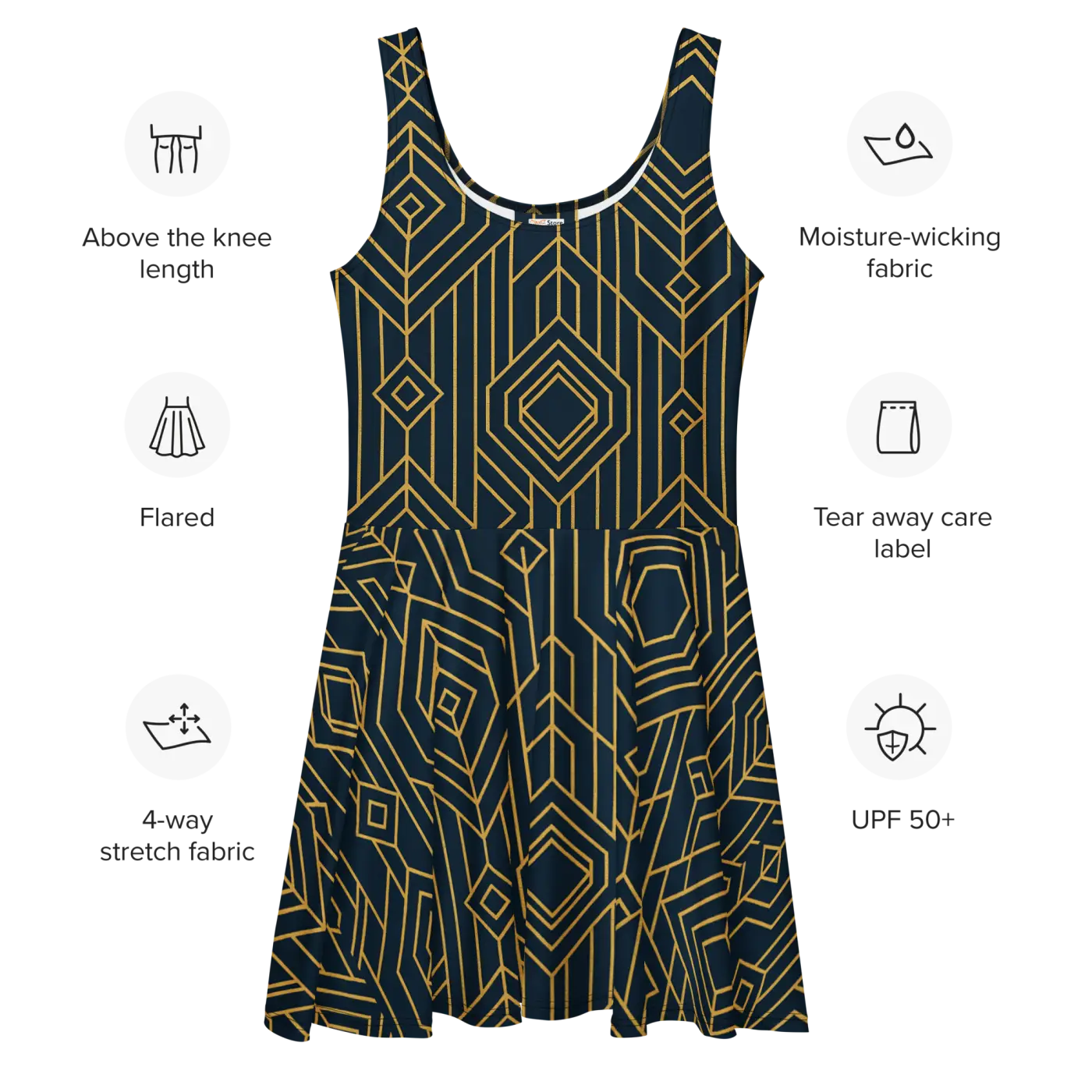 Bold Golden Skater Dress - Geometric Pattern Style - DipaliZ