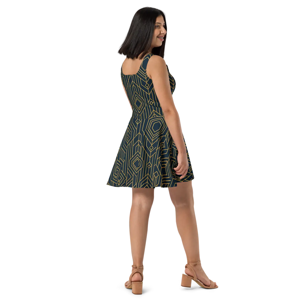 Bold Golden Skater Dress - Geometric Pattern Style - DipaliZ