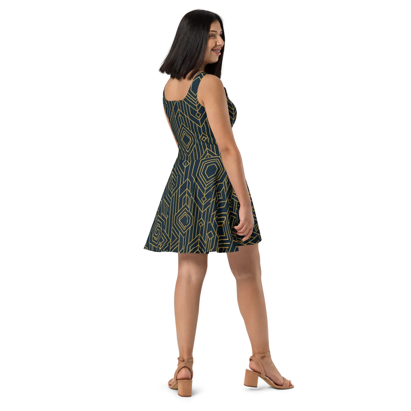 Bold Golden Skater Dress - Geometric Pattern Style - DipaliZ