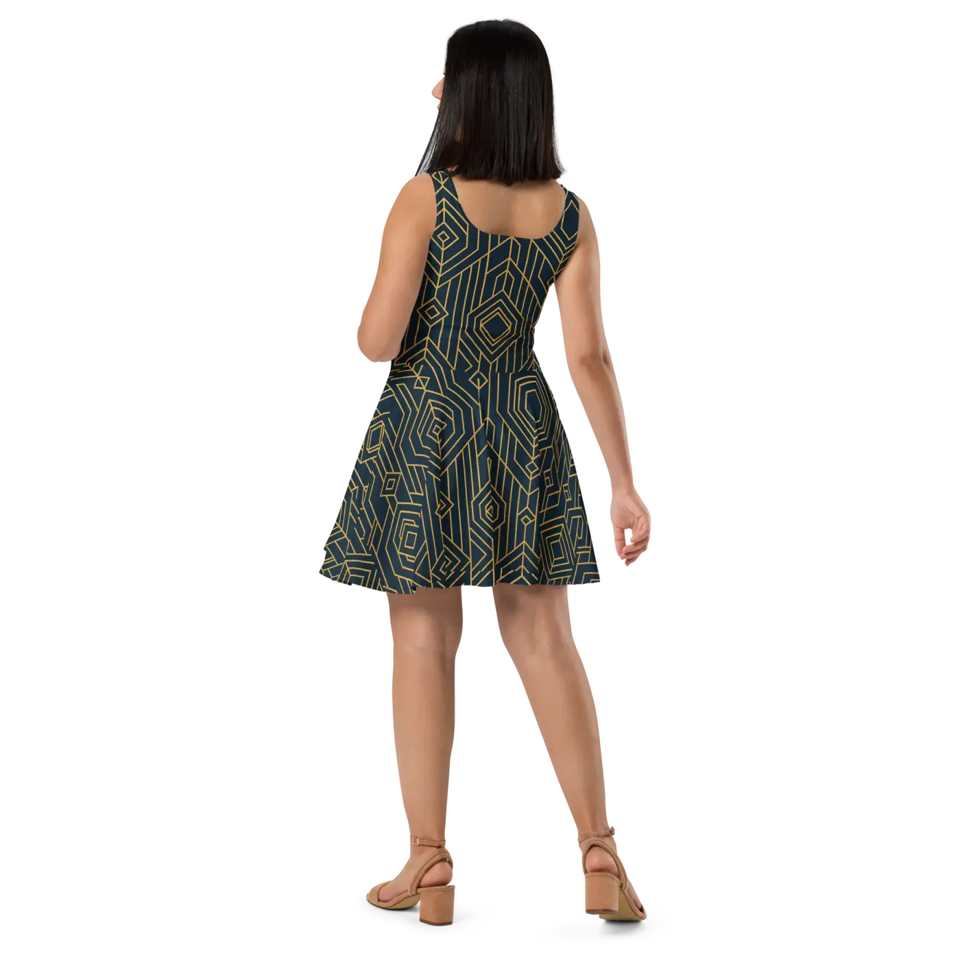 Bold Golden Skater Dress - Geometric Pattern Style - DipaliZ