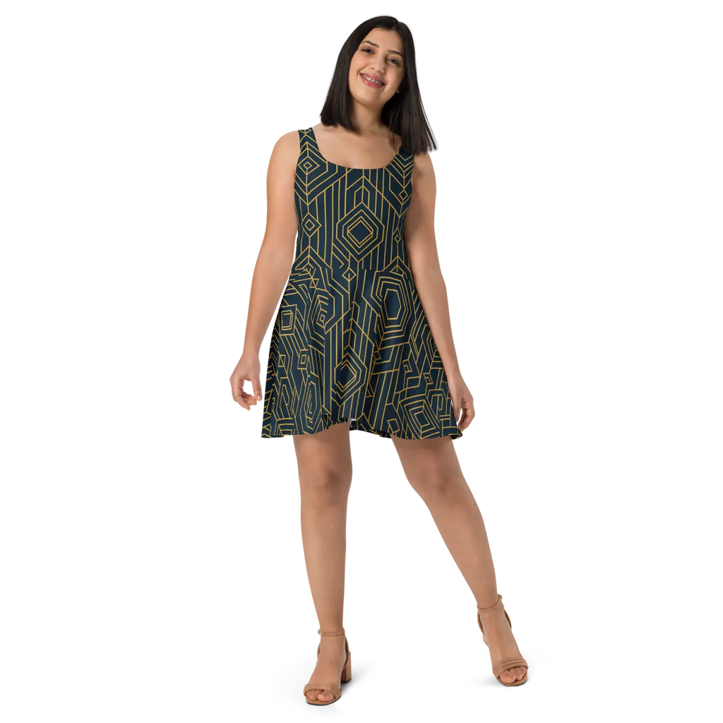 Bold Golden Skater Dress - Geometric Pattern Style - DipaliZ