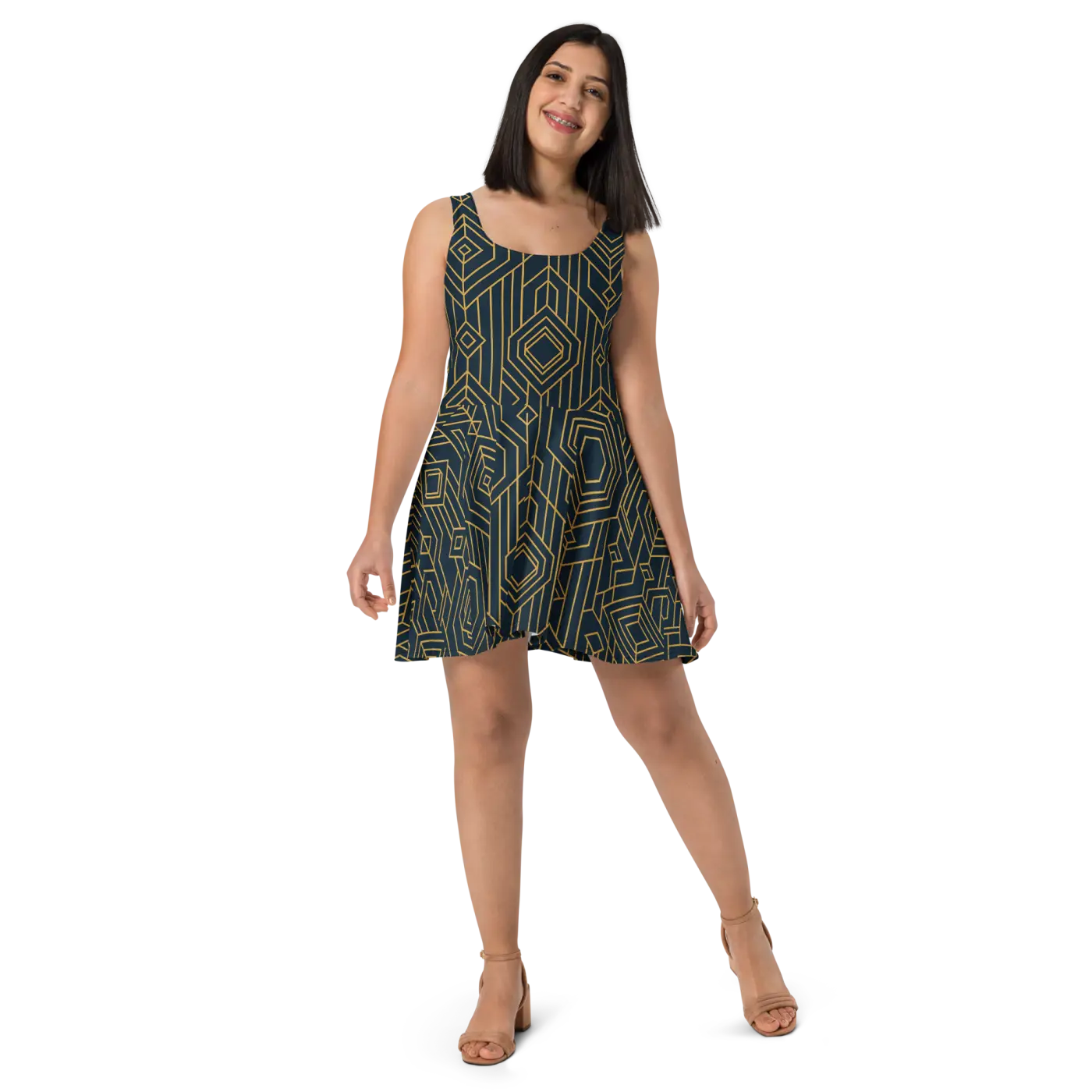 Bold Golden Skater Dress - Geometric Pattern Style - DipaliZ
