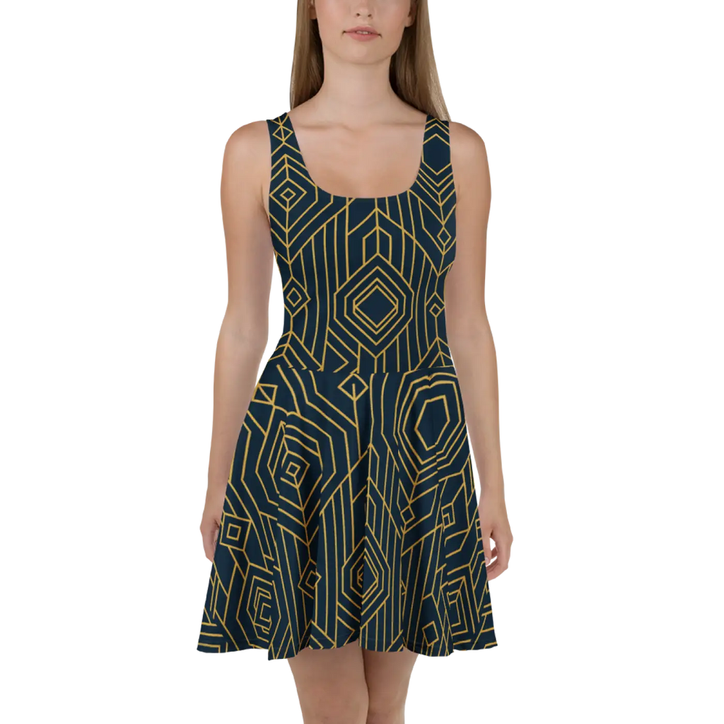 Bold Golden Skater Dress - Geometric Pattern Style - DipaliZ