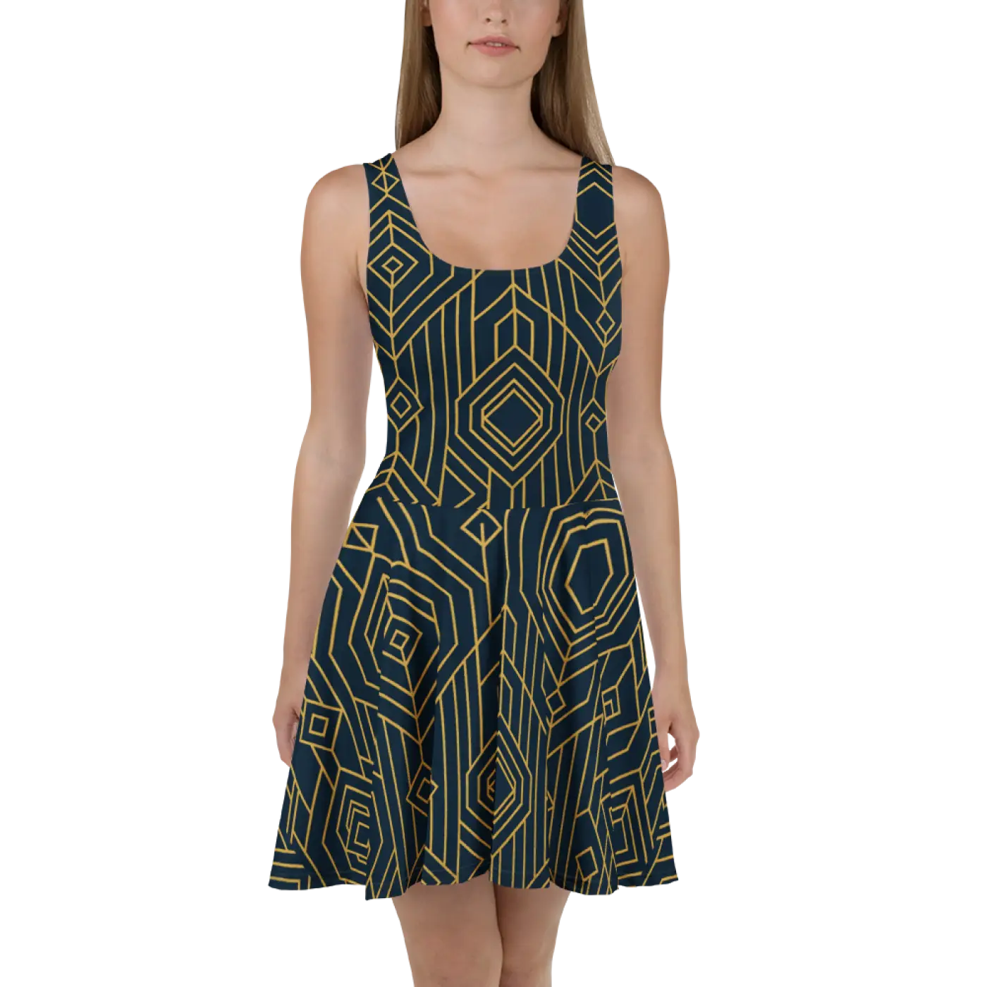 Bold Golden Skater Dress - Geometric Pattern Style - DipaliZ
