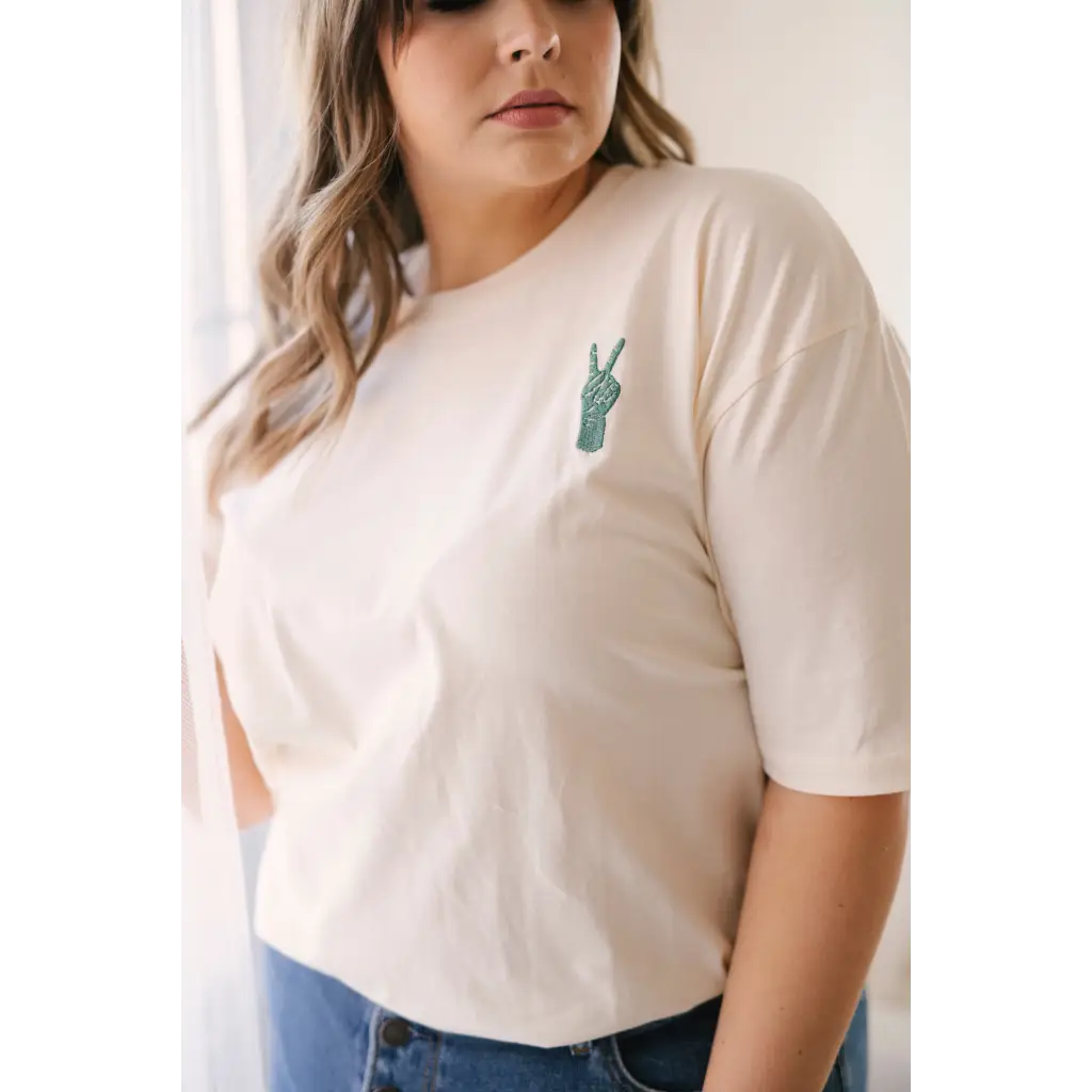 Good Vibes Peace Embroidered Tee in Cream