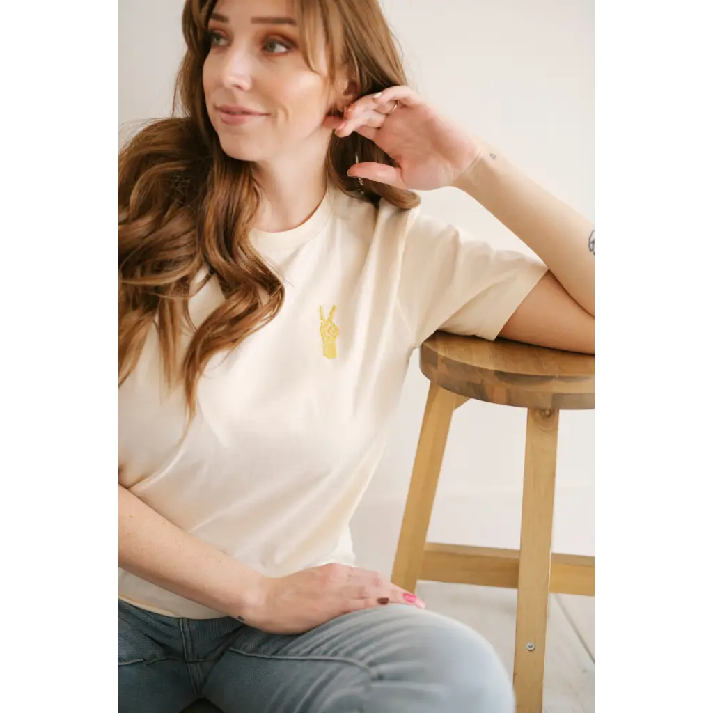 Good Vibes Peace Embroidered Tee in Cream