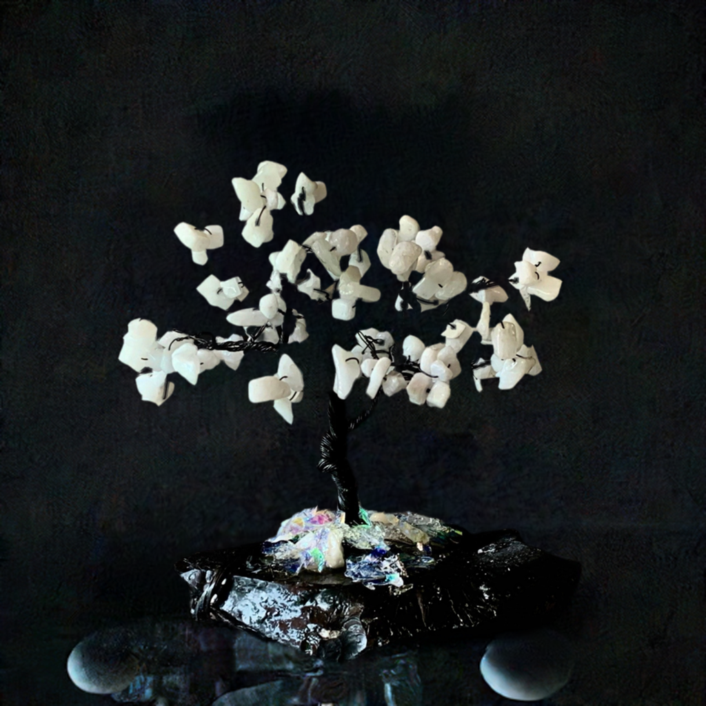 Joy- Handmade White Jade 5" Mini Gemstone Tree Sculpture Mounted on Raw Obsidian
