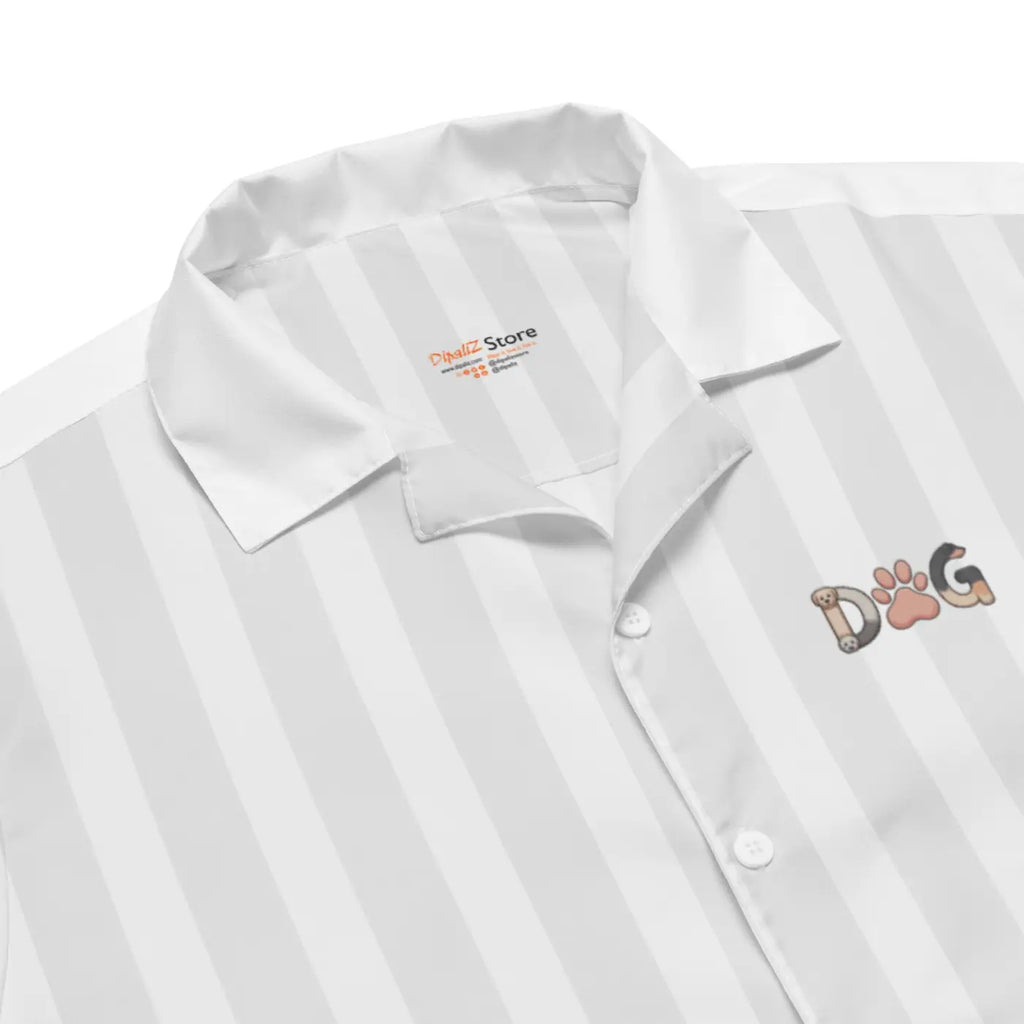 Unisex Button Shirt - White Stripes Dog Emblem - DipaliZ
