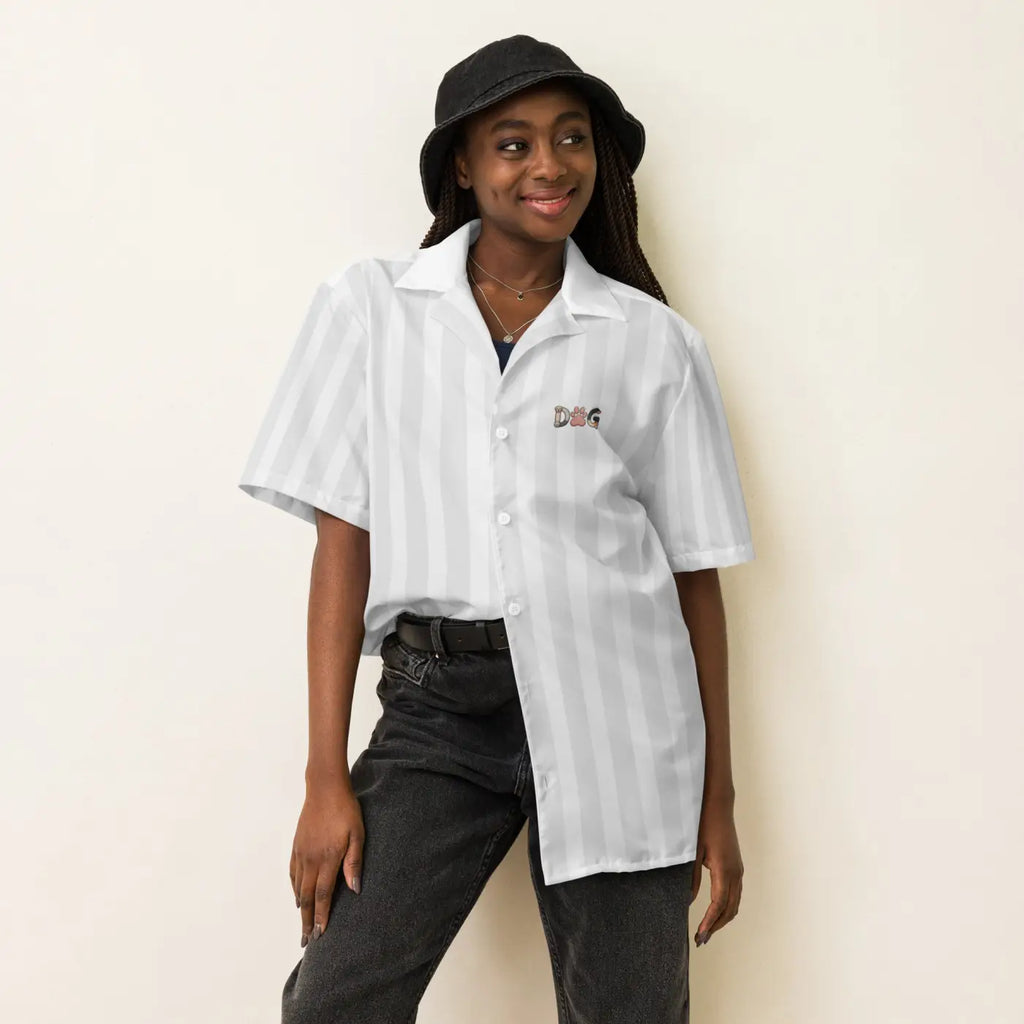 Unisex Button Shirt - White Stripes Dog Emblem - DipaliZ