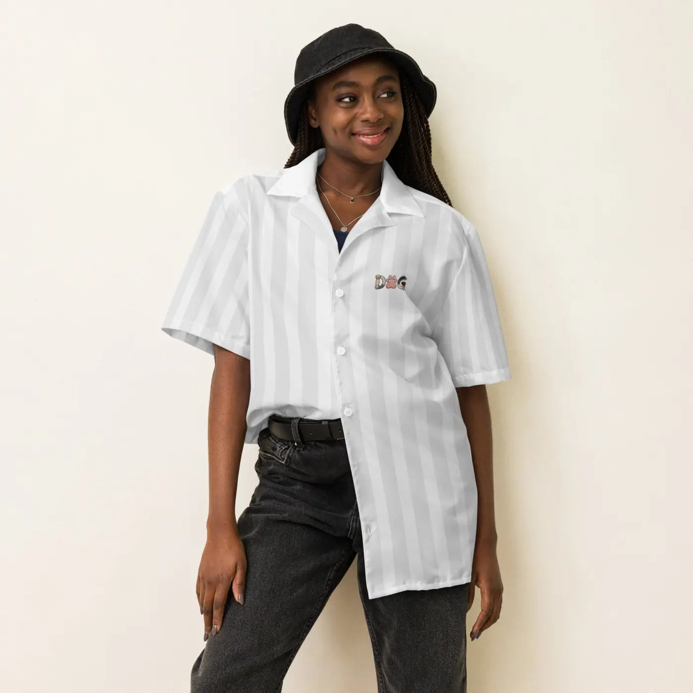 Unisex Button Shirt - White Stripes Dog Emblem - DipaliZ