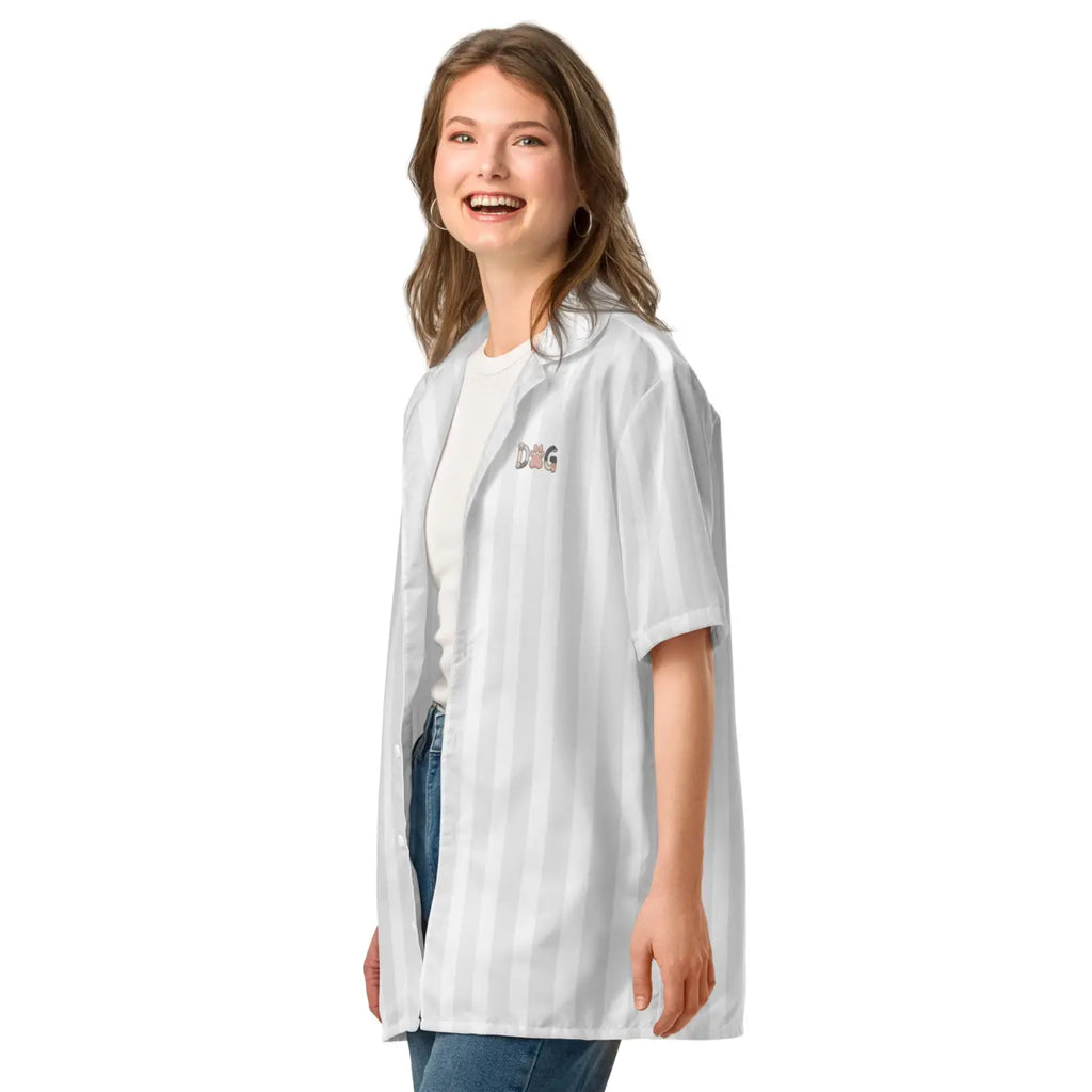 Unisex Button Shirt - White Stripes Dog Emblem - DipaliZ