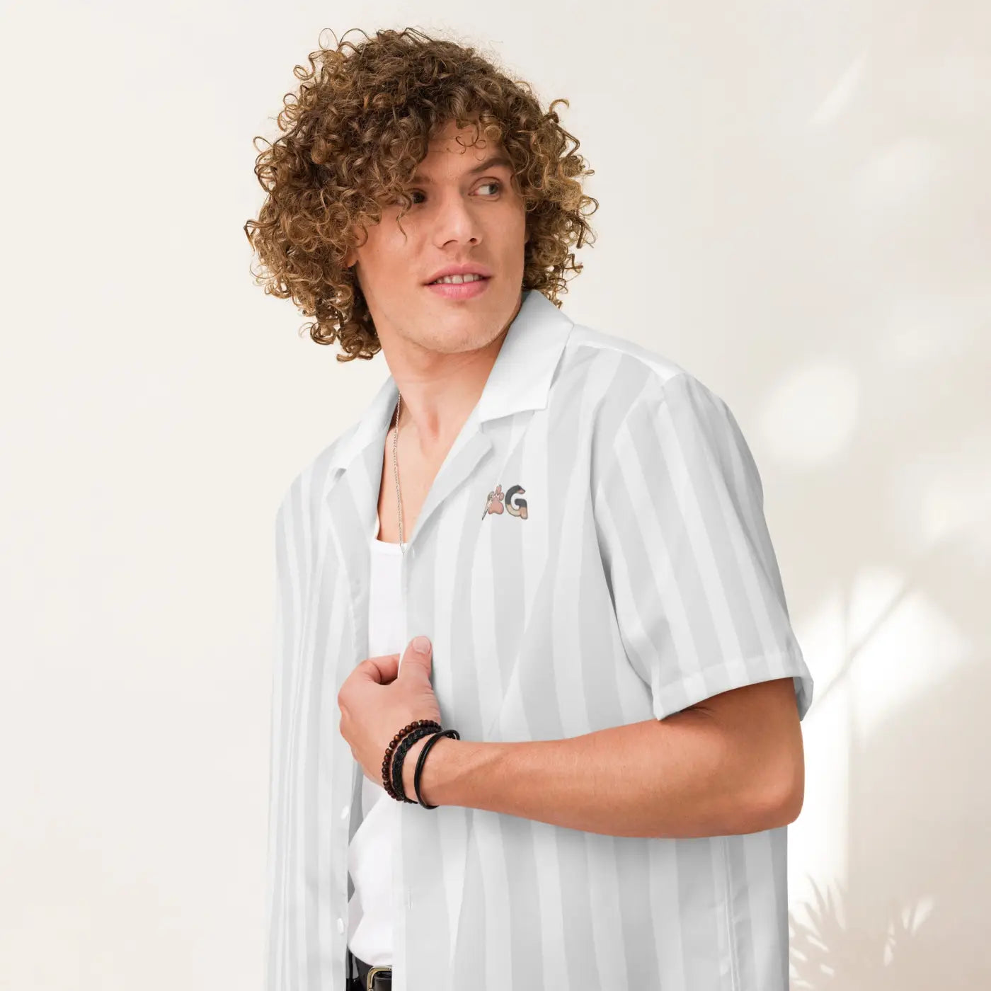 Unisex Button Shirt - White Stripes Dog Emblem - DipaliZ