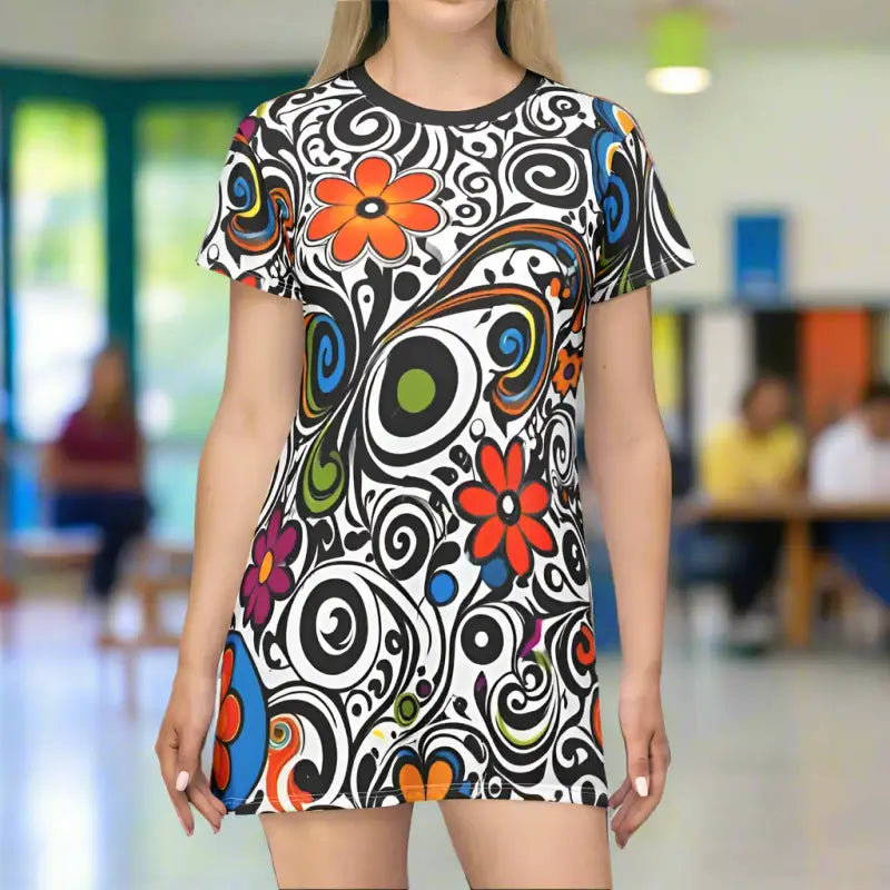 Groovy T-Shirt Dress - Swirls and Flowers Sustainable Fashion - DipaliZ