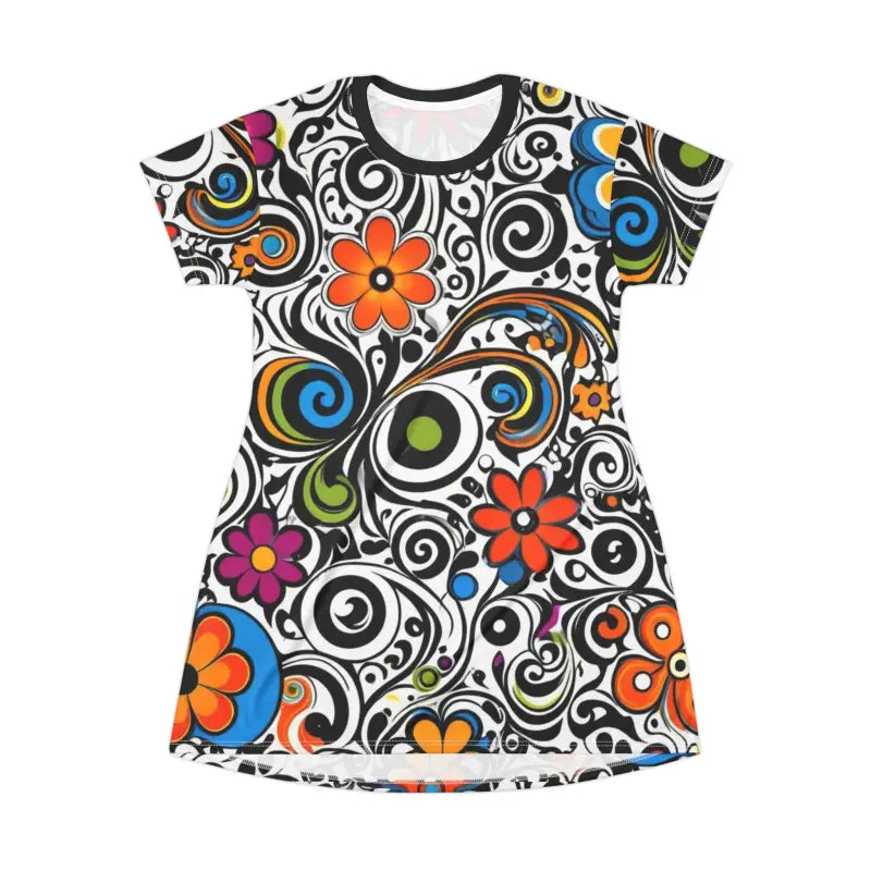 Groovy T-Shirt Dress - Swirls and Flowers Sustainable Fashion - DipaliZ