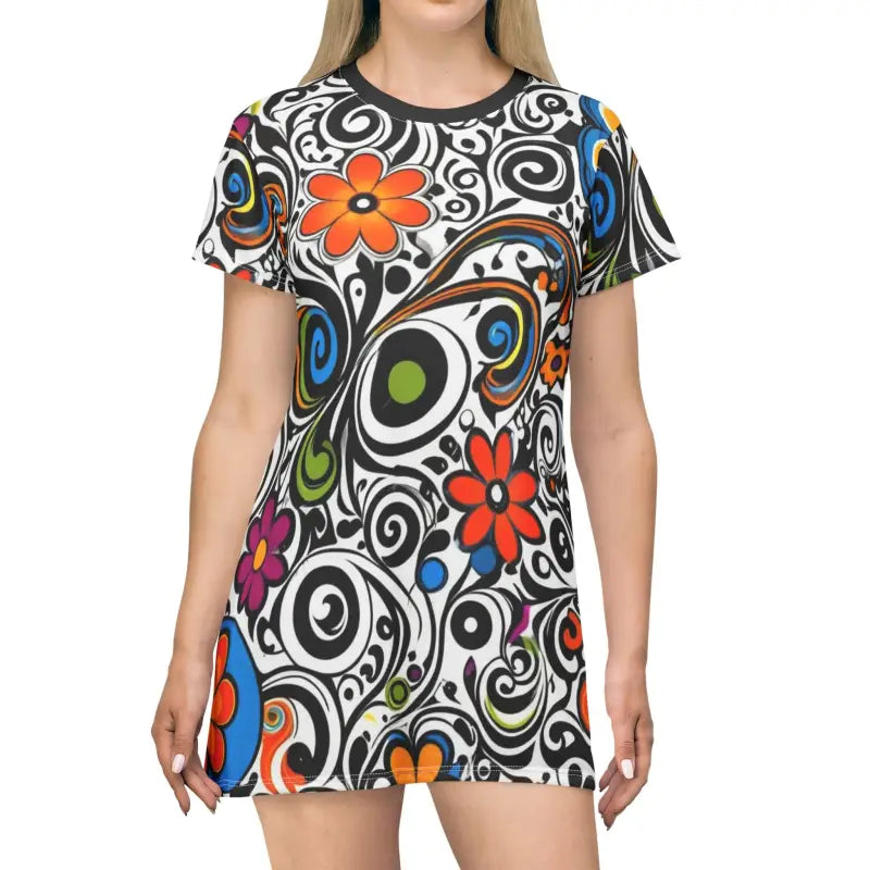 Groovy T-Shirt Dress - Swirls and Flowers Sustainable Fashion - DipaliZ