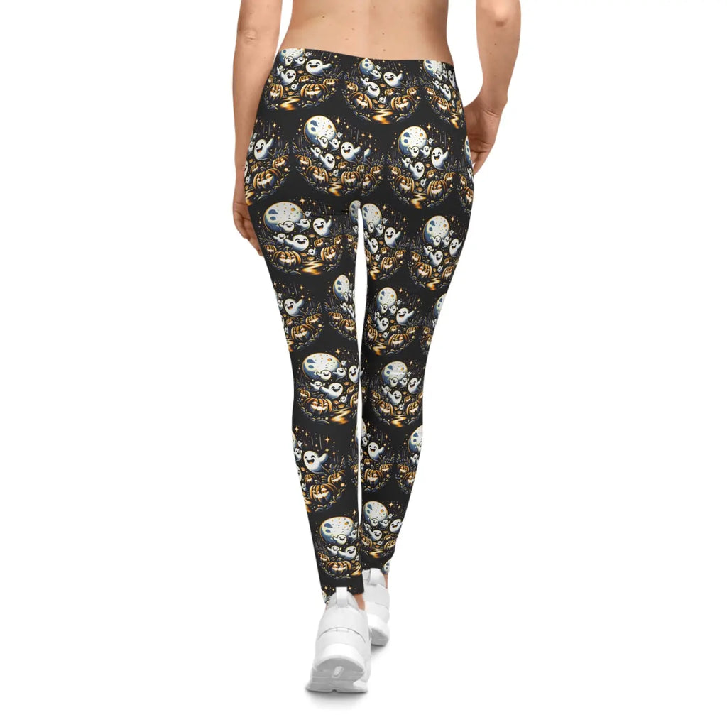 Spooky Halloween Ghosts and Vibrant Pumpkins Leggings - DipaliZ