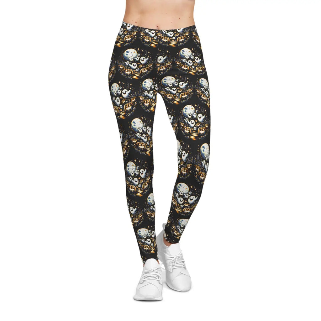 Spooky Halloween Ghosts and Vibrant Pumpkins Leggings - DipaliZ