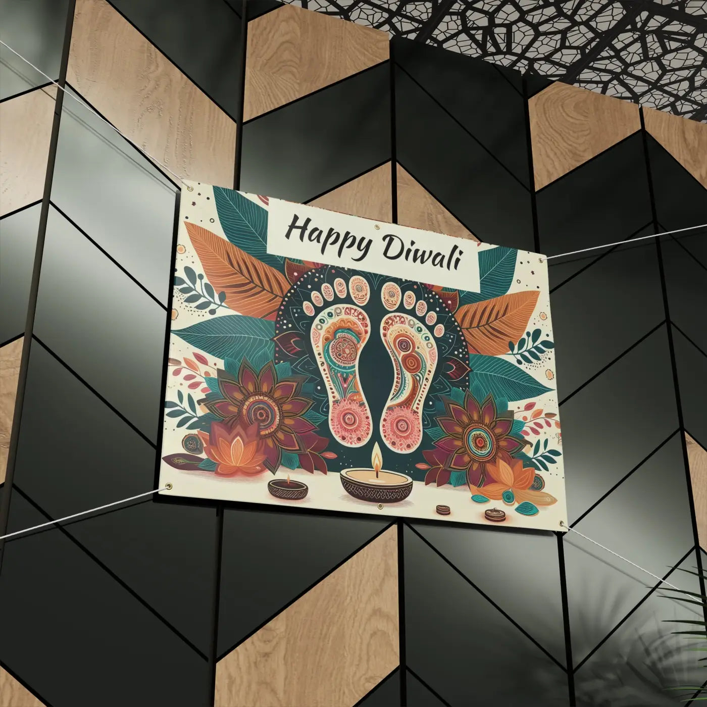 Happy Diwali Matte Banner - Laxmi Feet Vinyl Design - DipaliZ
