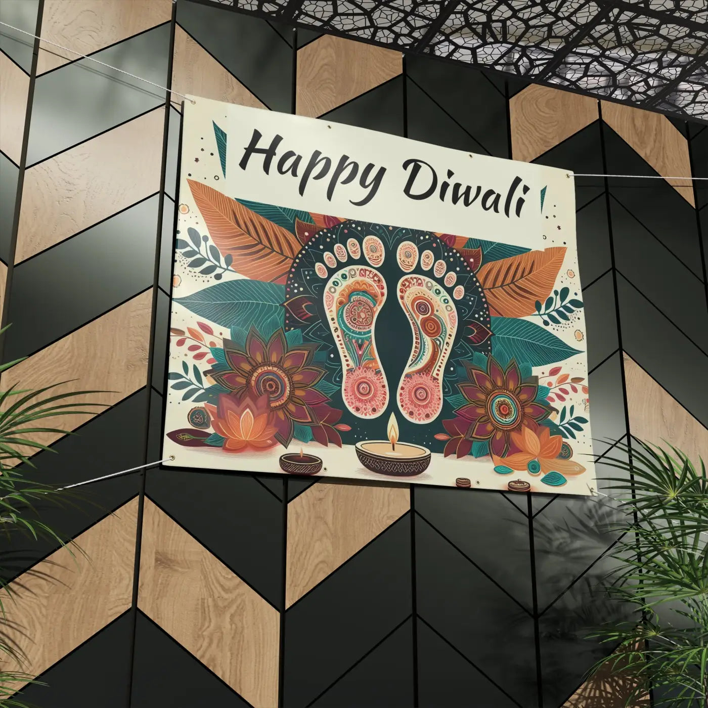 Happy Diwali Matte Banner - Laxmi Feet Vinyl Design - DipaliZ