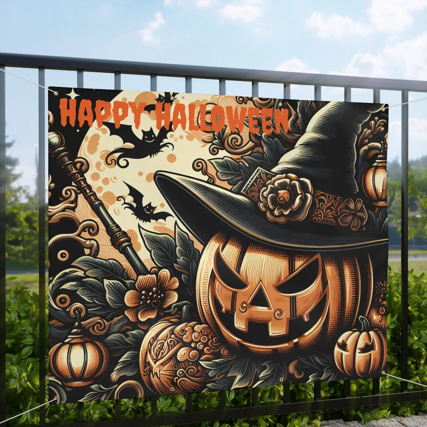 Jack O Lantern Matte Banner - Scrim Vinyl Halloween Decor - DipaliZ