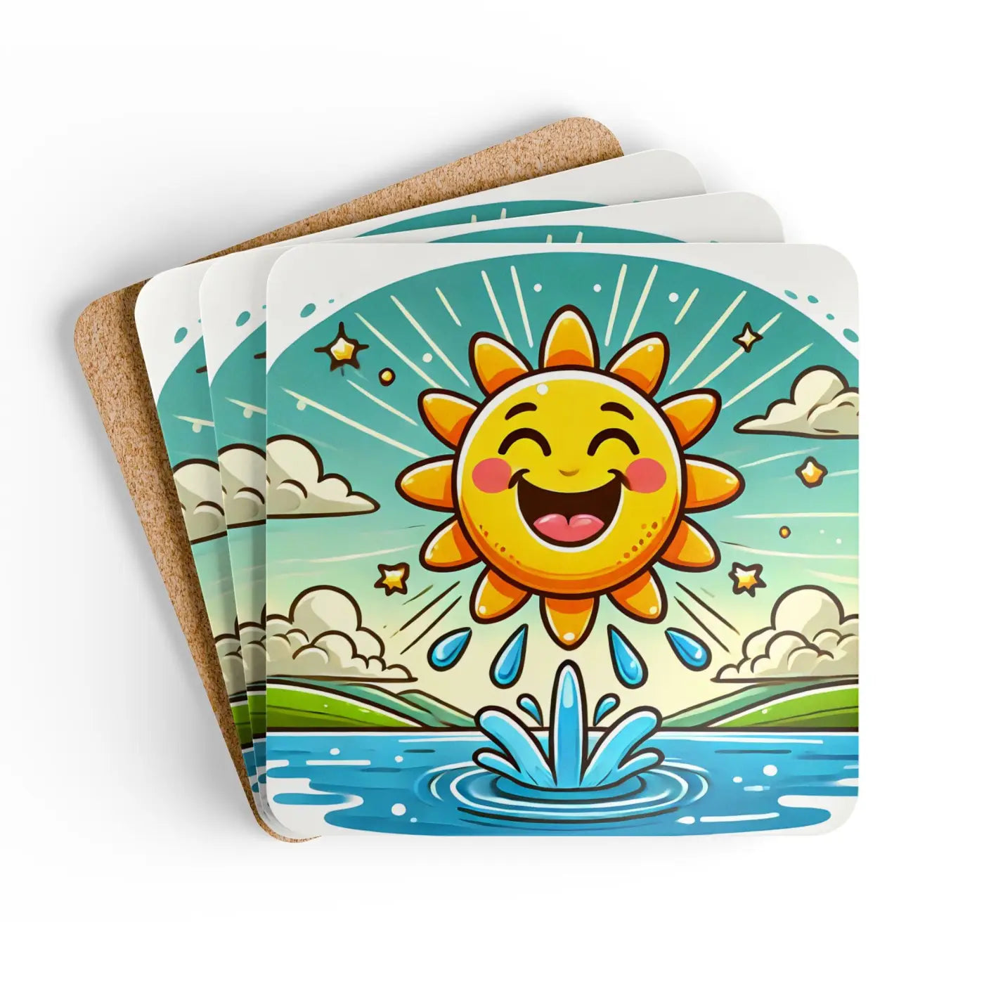 Happy Sunshine Corkwood Coaster Set - Elegant Table Protection - DipaliZ