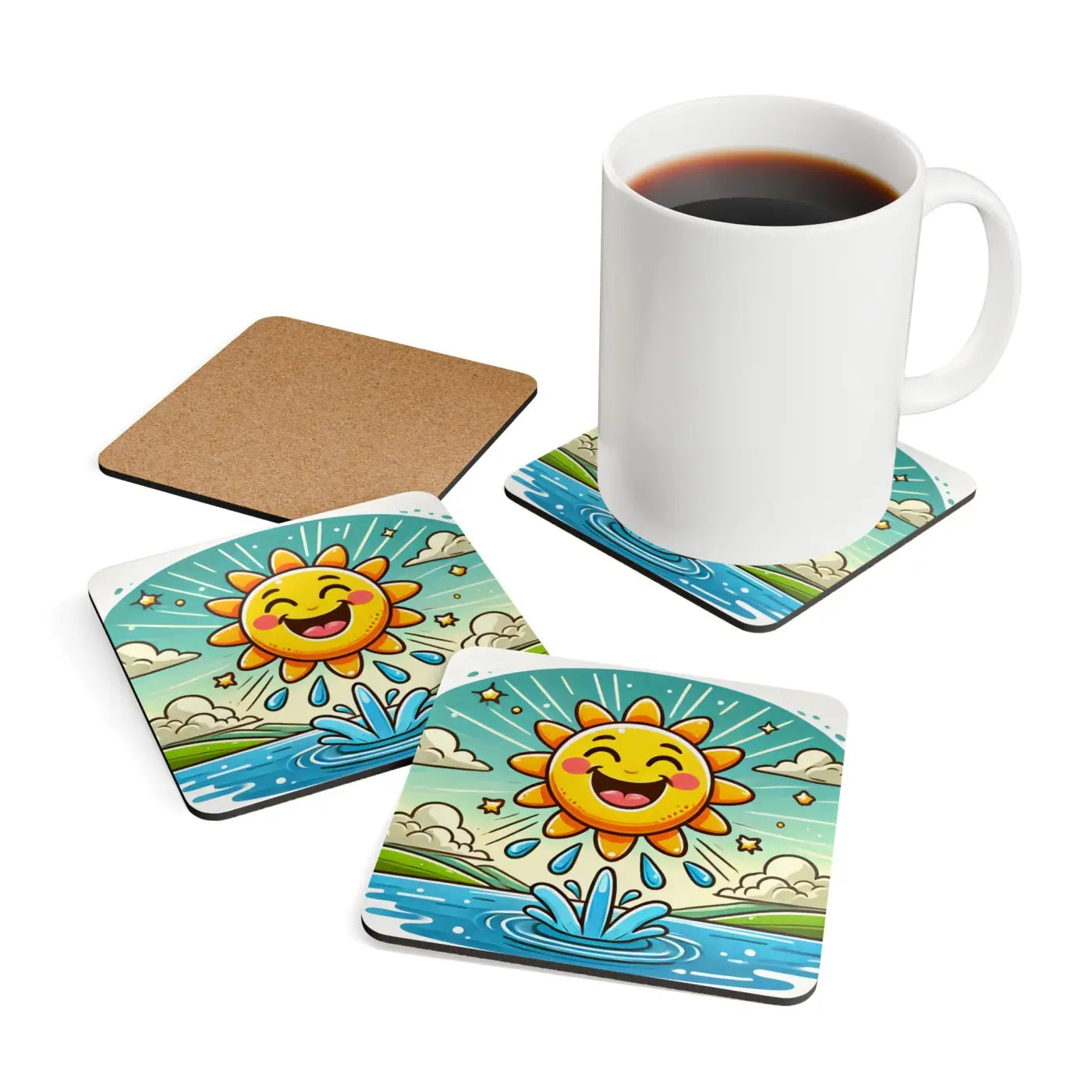 Happy Sunshine Corkwood Coaster Set - Elegant Table Protection - DipaliZ