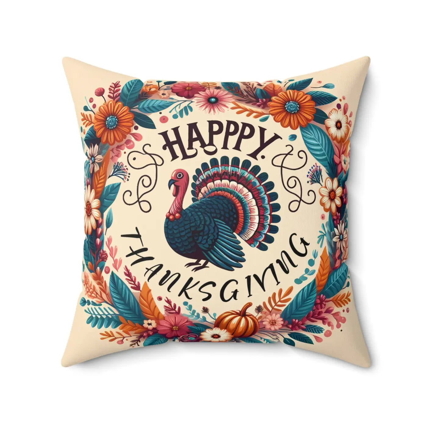 Cozy Thanksgiving Polyester Pillow - Happy Turkey Design - DipaliZ